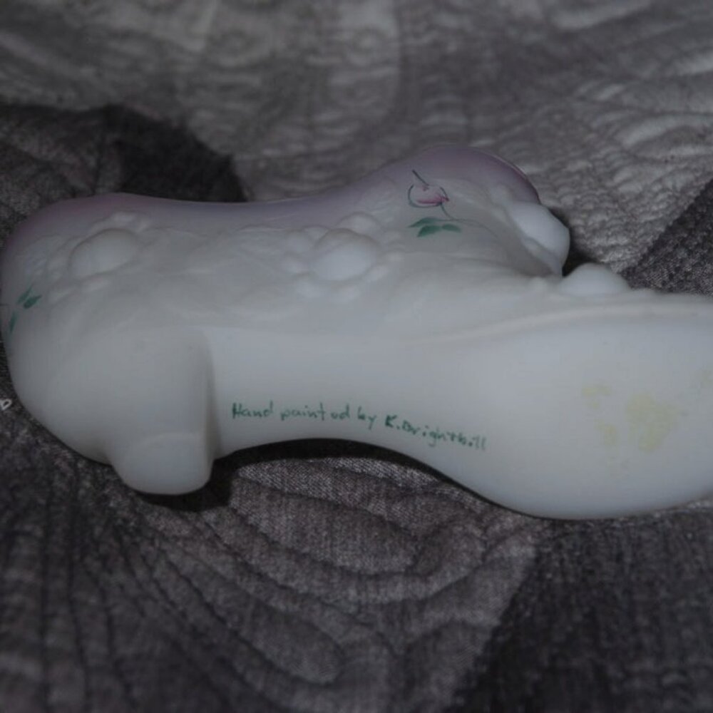 Signed Hand Painted Fenton Custard Glass Slipper